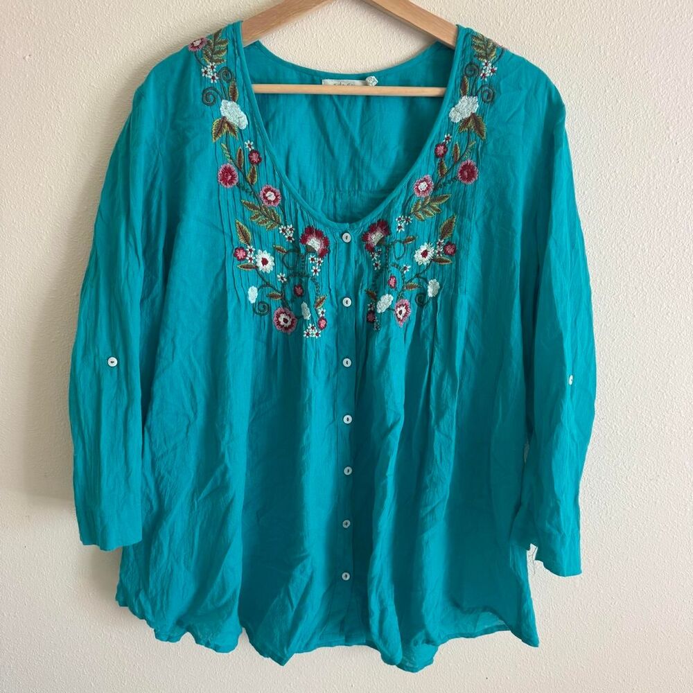 Kyla Seo Embroidered Floral Aqua Blue Button Up Relaxed Fit Blouse XL